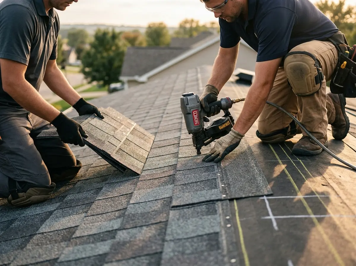 Professional roofer working on a residential roof in Bordentown